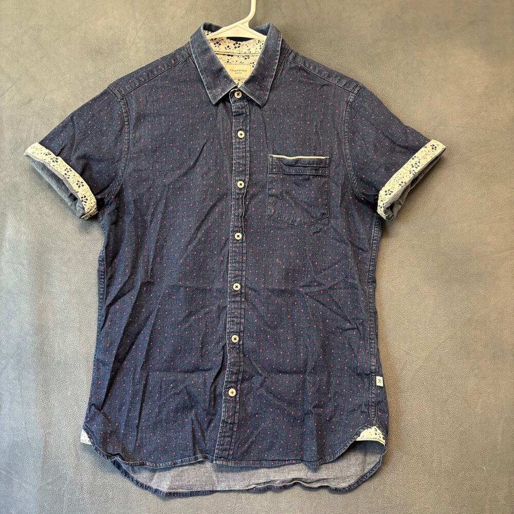 7 Diamonds Stretch Dot Chambray Button Up Shirt Small Indie Preppy Fitted Work